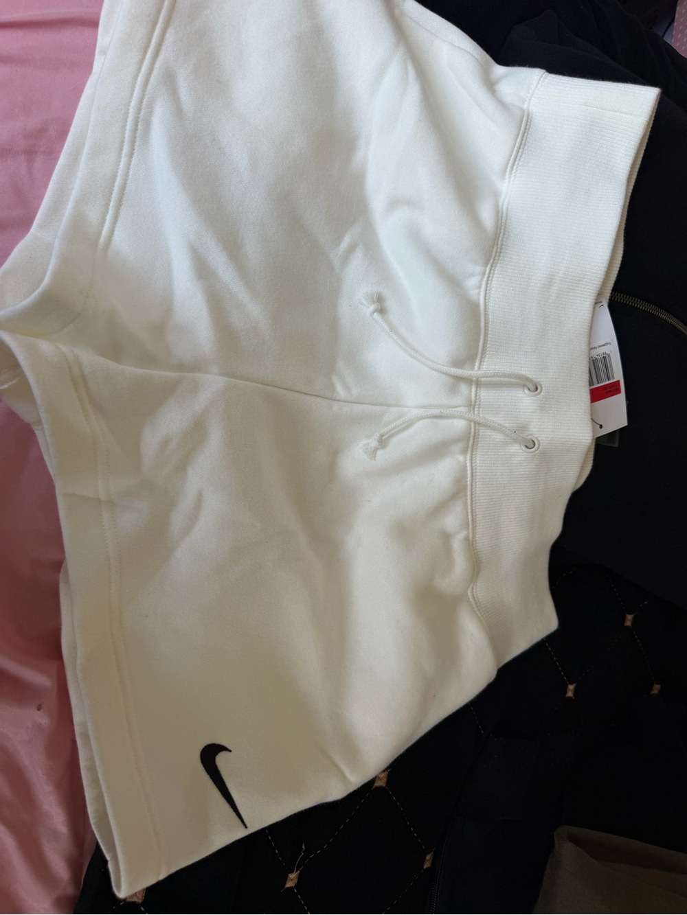 Nike White Fleece Drawstring Kids Shorts with Black Swoosh